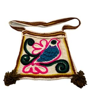 Vintage 1970s Handwoven Boho Bird Design Embroidered Crossbody Hippie Quirky Bag